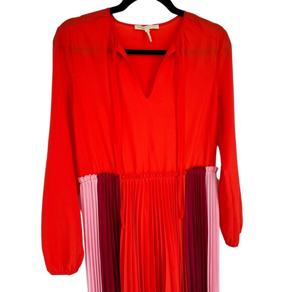 Maje Reona Color Block Pleated Shirt Dress Red & Pink Size 3 - Picture 4 of 10